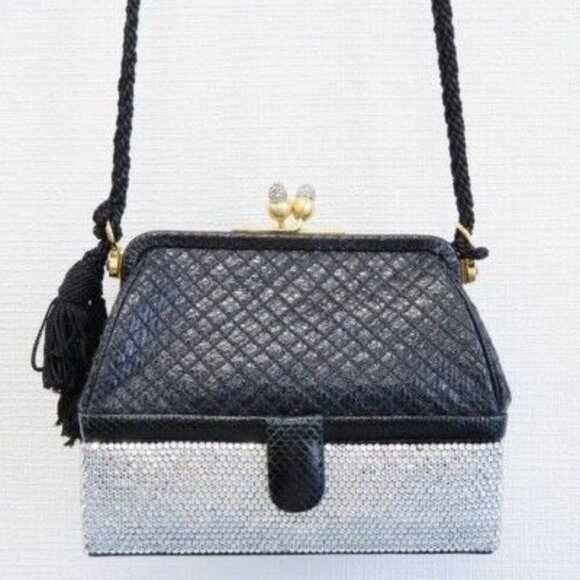 Judith Leiber Evening Shoulder Bag Purse w/Pouch Mirror Black Silver - Picture 1 of 12